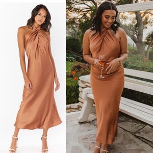 Show Me Your Mumu Jasmine Halter Midi Dress Women's Small Copper Luxe Satin
